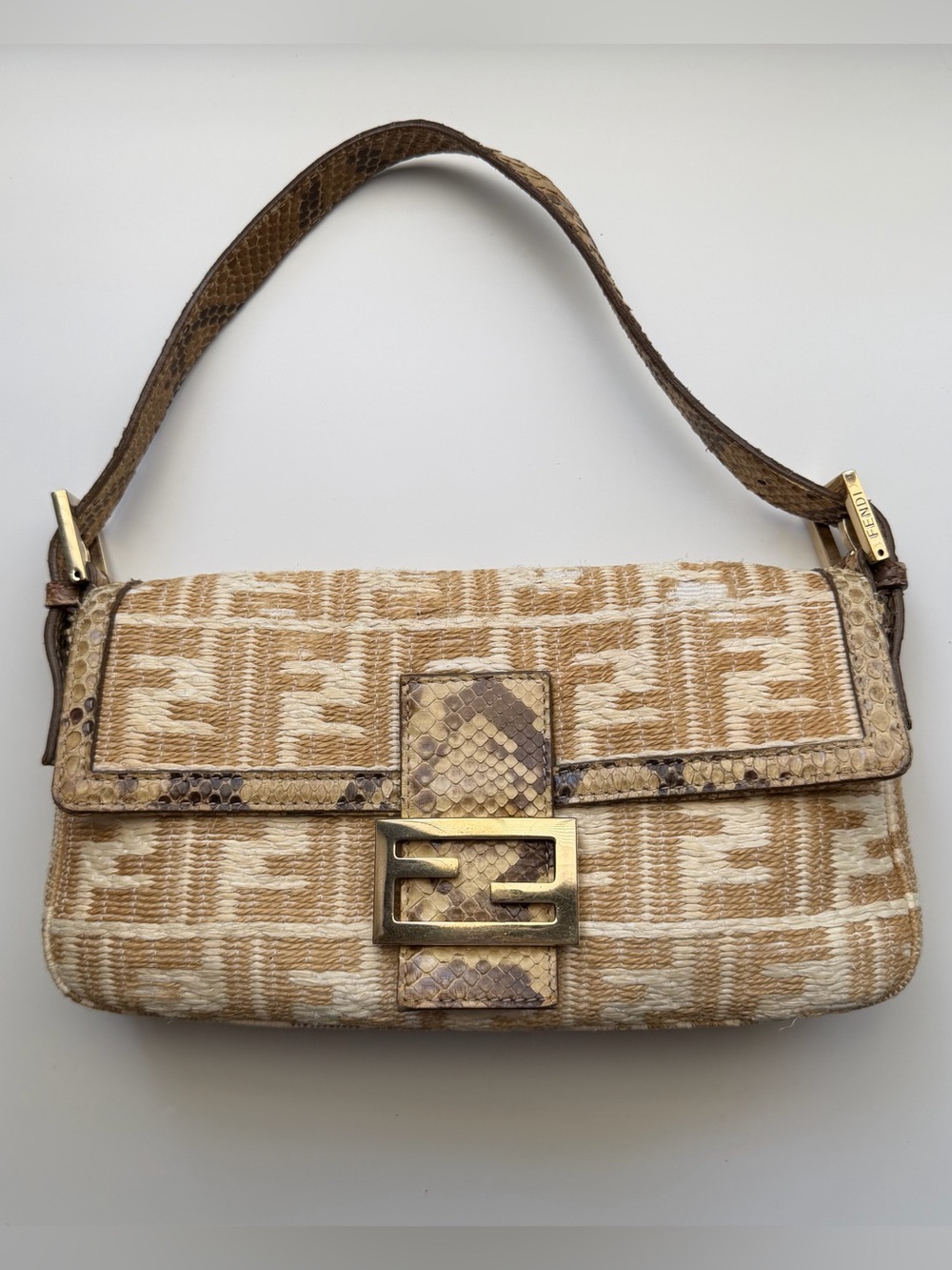 RARE Fendi Zucca Raffia & Python Snakeskin Baguette Shoulder Bag